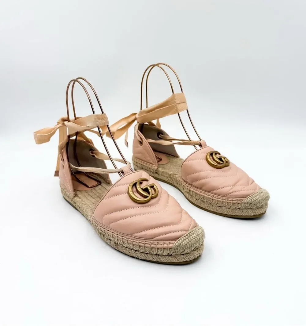 Gucci GG Marmont Quilted Leather Espadrille Lace Up Ankle Tie Flats 39.5, 9.5